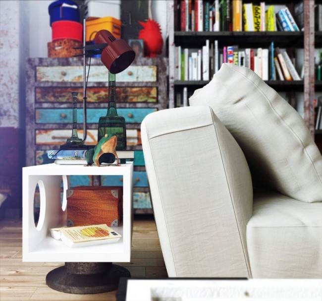 Wall deco obývacia izba úložný priestor-sedacie vankúše-VIntage skrine-police