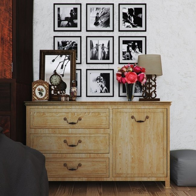 Interiérová stolná lampa VAse nápady na kvety drevená komoda-nástenný obraz v štýle vintage-rodinné kompozície