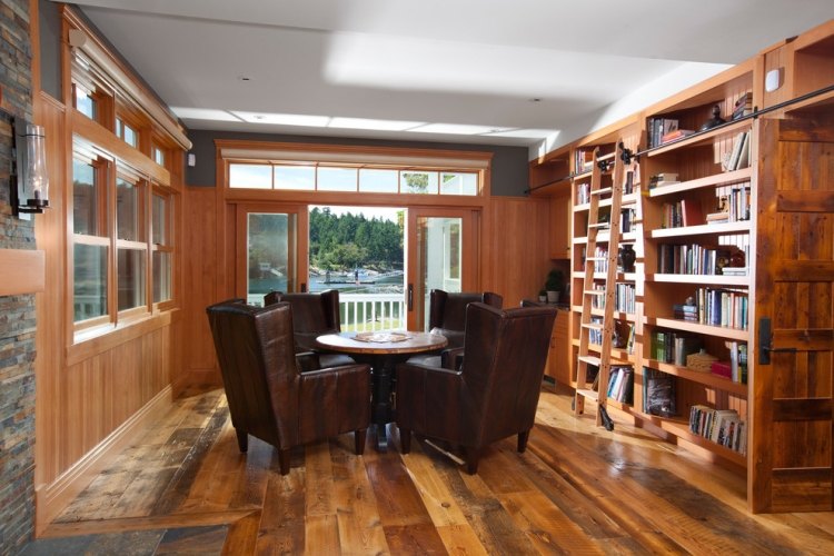 Prechodná miestnosť slúži ako knižnica Kožené kreslo-hnedá-dizajn-čitáreň-doma