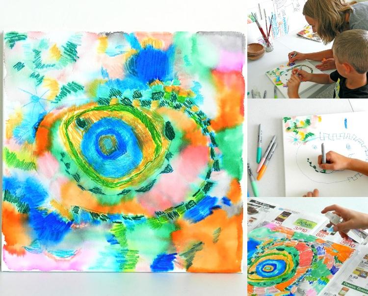 Maľovanie nápadov na plátno s rozmazaným alkoholom pre deti