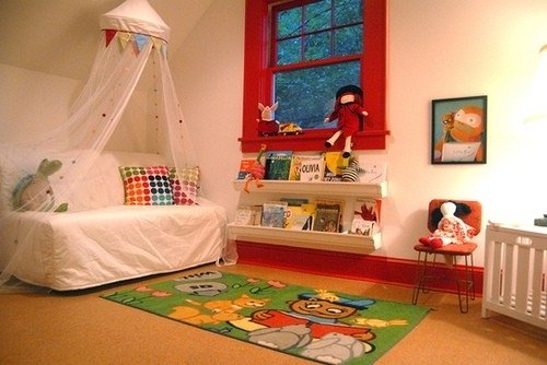 nápady na farebné koberce pre čitateľský kútik zariadia detskú izbu