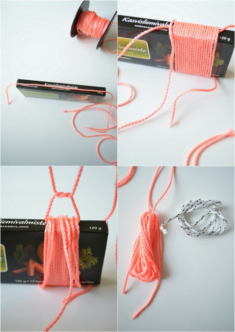 Vyrobte si záložky sami - omotajte priadzu okolo krabice a zviažte robiť záložky drotár návod strapec ružová priadza