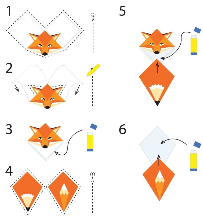 Vyrobte si líšku ako záložku z papiera robiť záložky zvieratá dizajn líška inštrukcie kutilstvo