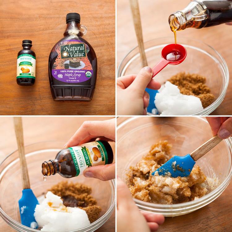 Vyrobte si svoj vlastný peeling na pery kokosový olej, mandľový olej, javorový sirup