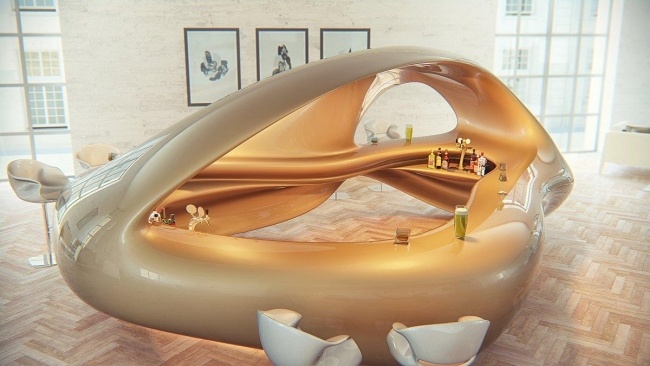 Lounge bar, interiér, biele čalúnené stoličky, interiér-3D vizualizácia-realistické