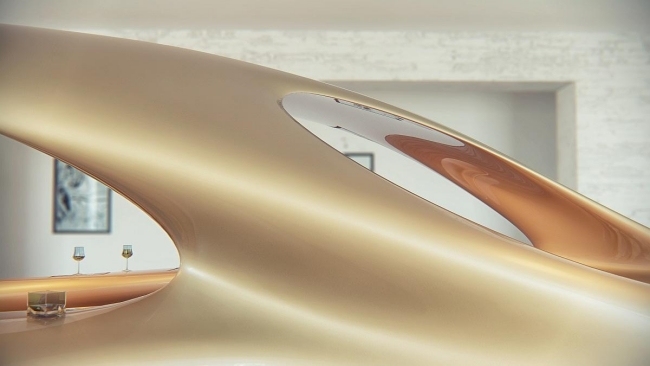 Futuristický dizajn nábytku, povrchová lišta, barový pult, integrované osvetlenie 3d