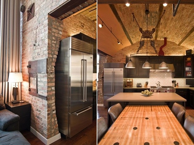 moderný podkrovný byt jedálenský stôl murovaná stena chladnička Plochý jedálenský stôl murovaná stena chladnička vstavaný kuchynský nábytok