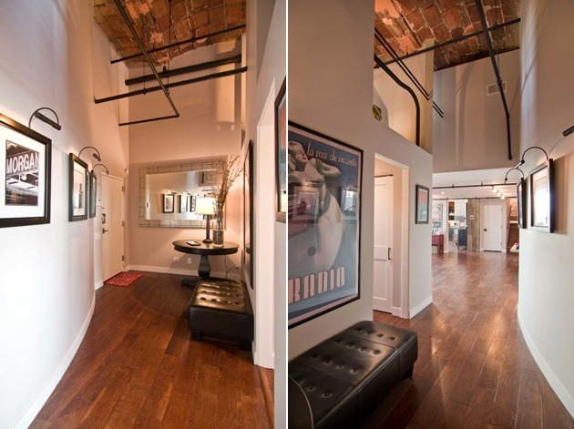 Dizajn chodby drevené podlahy biele steny stropy Drevená podlaha biele steny stropy trubkové kovové