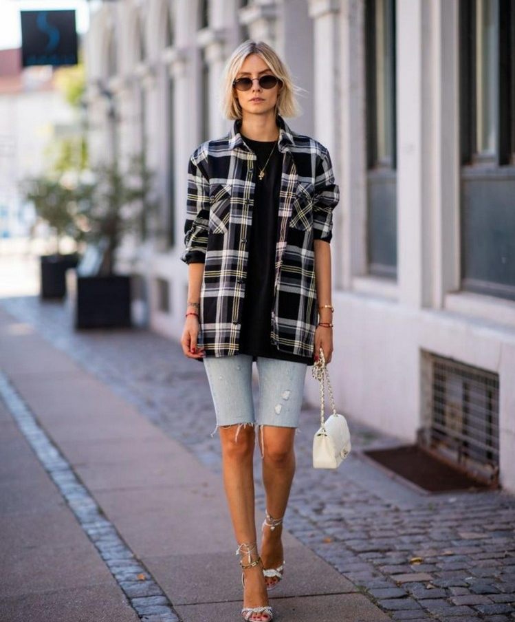 Dlhá blúzka kombinovať denim šortky nápady oblečenie jar