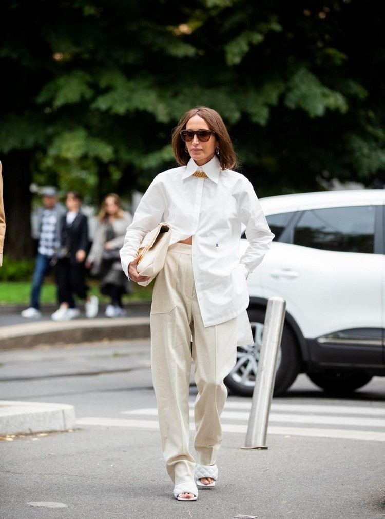 Dlhá blúzka v bielej farbe kombinujte nápady na outfit na jar 2021