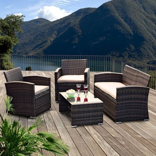 Terasa, záhradný ratanový nábytok, sedacia súprava, čierna a biela