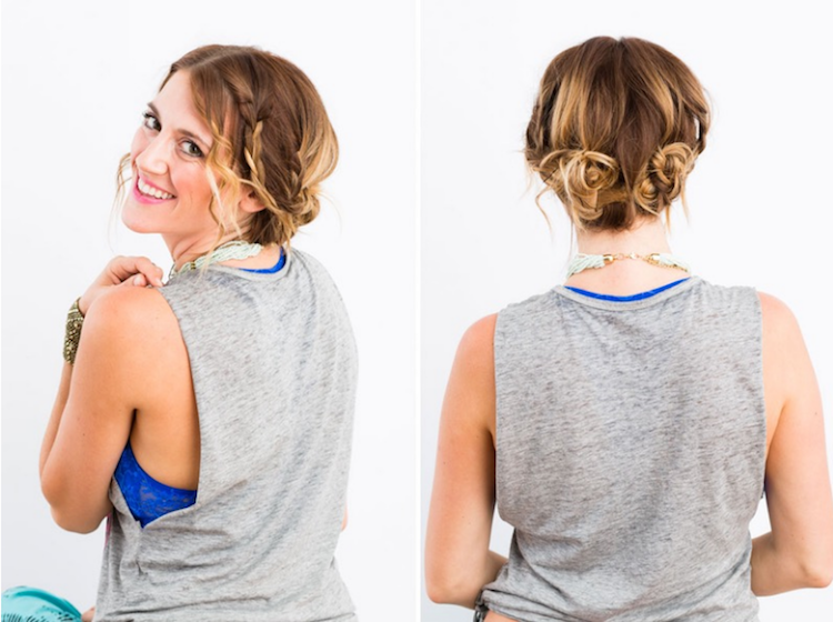 ležérne updos stredne dlhých vlasov s kravatou a vrkočom