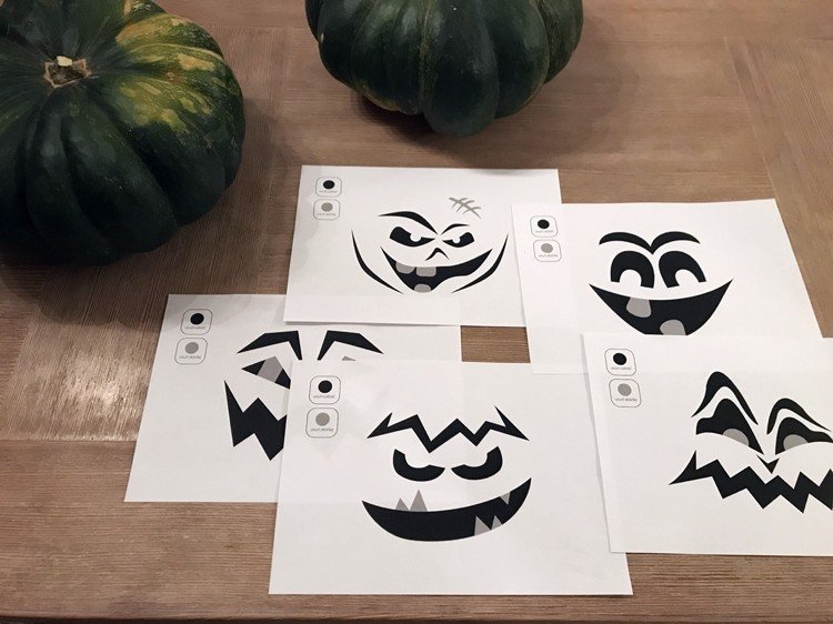 návod na vyrezávanie tekvíc tekvicové tváre vytlačiť Halloween zlé grimasy