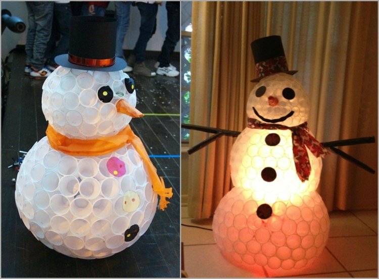 Z plastových pohárov je ľahké vyrobiť obrovského snehuliaka snehuliak drotár plastový pohár-guľa-klobúk-šatka-tkanina-veľké-konáre-svetlé-oči-nos