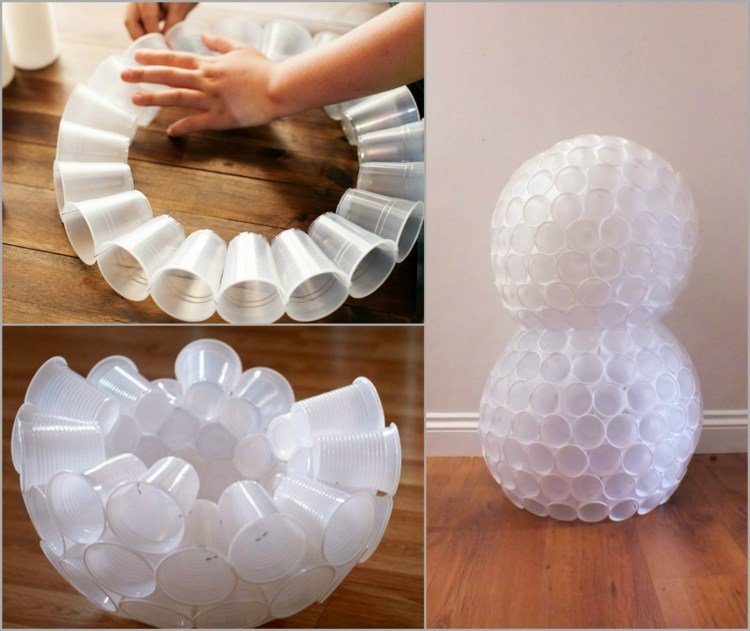 Potrebujete len prázdne plastové poháre a sponky snehuliak drotár plastový pohár-biela-cvak-spolu-pologule-guľa