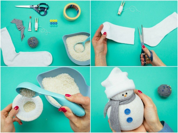 Vyrobiť snehuliaka z ponožiek je detská hra snehuliak drotárenie-ponožky-strihanie-ryže-plnenie-gombíky-látka-šatka-nožnice
