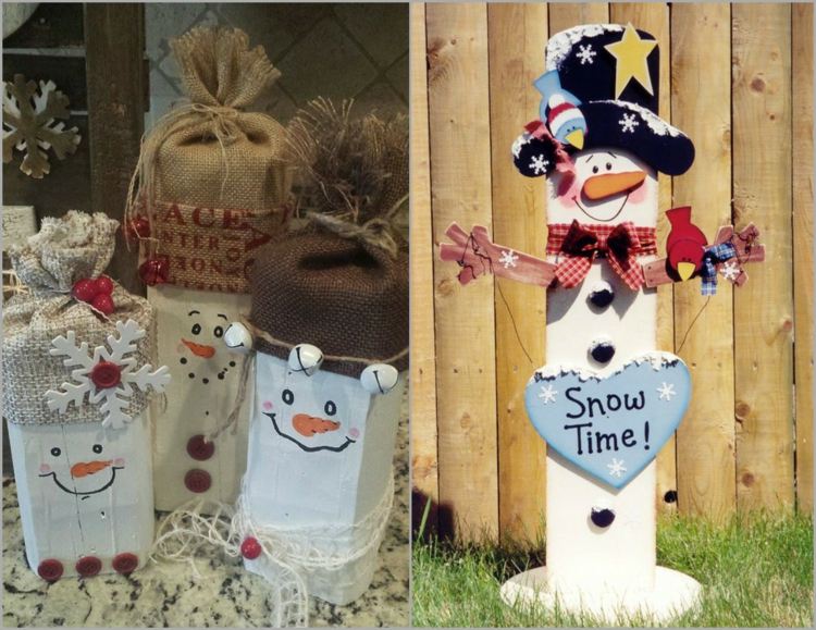 Drevený snehuliak môže ozdobiť váš domov aj dvor snehuliak-drotár-kus dreva-zdobená-farba-juta-čiapka-čiapka-tráva-znak-hviezda