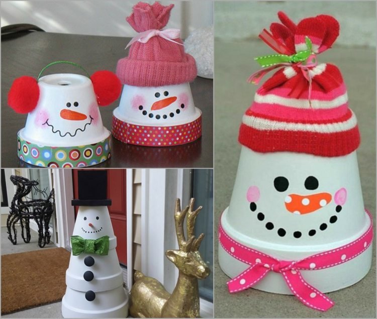 Z hlinených hrncov rýchlo vyrobíte malého alebo veľkého snehuliaka snehuliak-drotár-hlinené hrnce-biela-čiapka-rukavice-mušky-stuhy-los