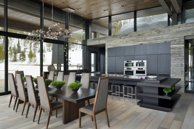 Moderný dizajn interiéru horskej chaty dizajn otvorenej miestnosti sklo z prírodného kameňa Moderný dizajn interiéru horskej chaty, loft, charakter miestnosti, dizajn, prírodné drevené sklo