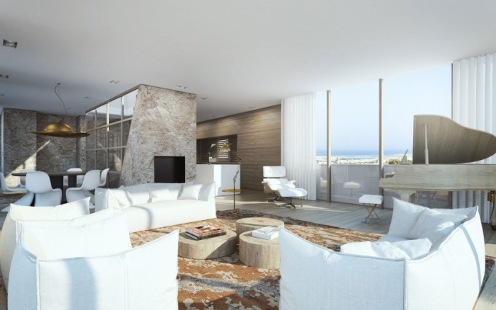 Obývacia izba-biela-sedacia súprava-rustikálny-konferenčný stolík-strom plátok-3d-vizualizovaný