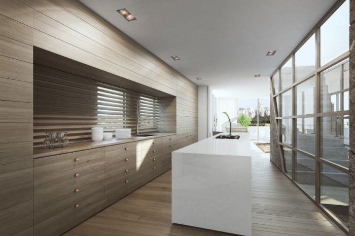 drevená-obložená-kuchyňa-moderná-kuchyňa-ostrov-biela-vysoký-lesk-ando-štúdio-3-D-projekt