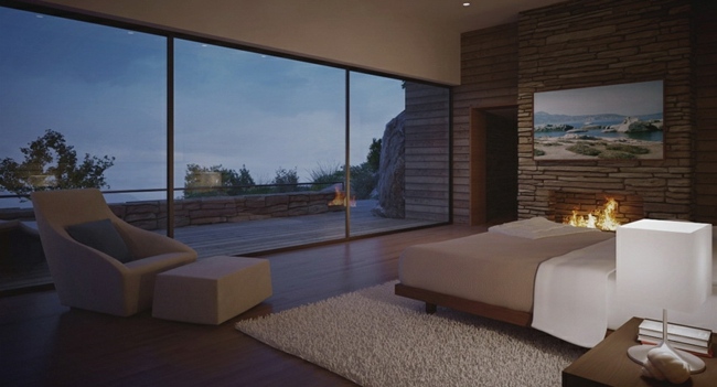 nástenná maľba romantická spálňa z prírodného kameňa Fototapeta z prírodného kameňa, kožené kreslo, drevená posteľ