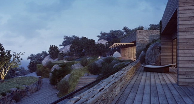 Krásna fasádna drevená podlaha z prírodného kameňa Drevená podlaha krásny krajinný dom snov