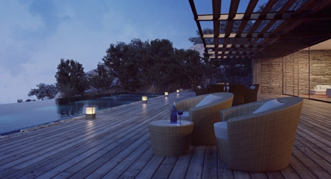 Domové osvetlenie bazéna pergola ratanový nábytok Osvetlenie pergola ratanový nábytok sklenená fasáda