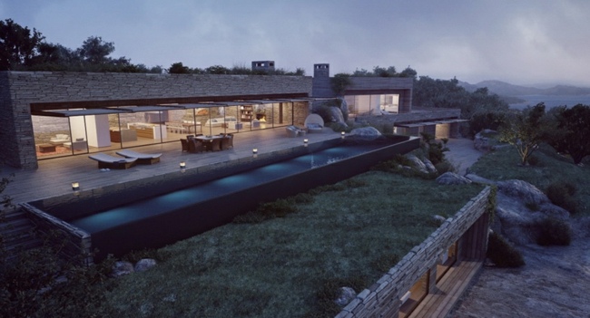 Dom osadený strechou nekonečný bazén fasáda z prírodného kameňa Strešný nekonečný bazén fasádna sklenená stena z prírodného kameňa