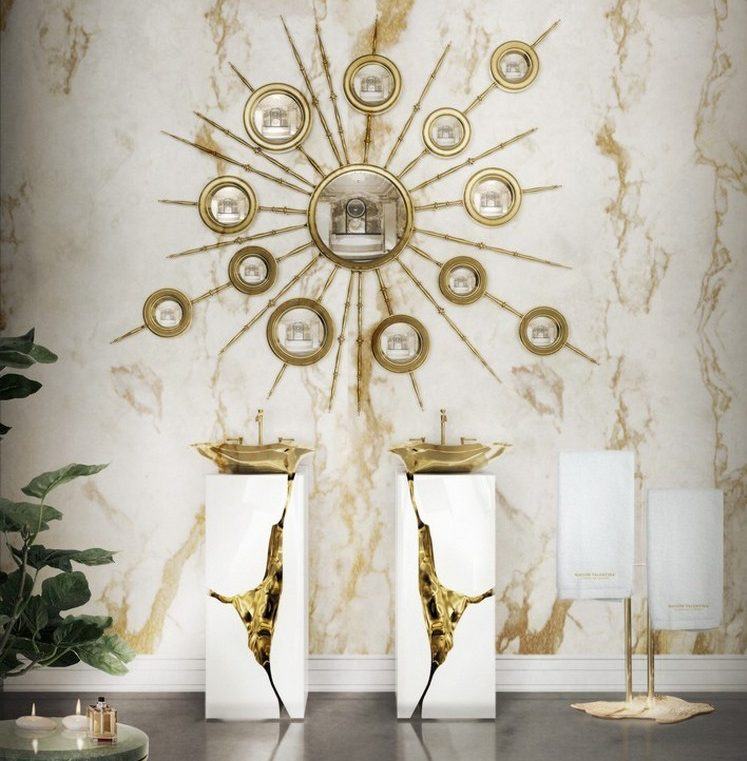 Stĺpové umývadlá s umývadlami na dosku z mosadze a bielej farby luxusný-kúpeľňový nábytok-biela-mosadz-voľne stojaca-umývadlo-doska