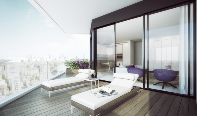 Tel-Aviv-penthouse-byt-vyhliadková terasa-drevené ležadlá-ležadlá-3d-vizualizované