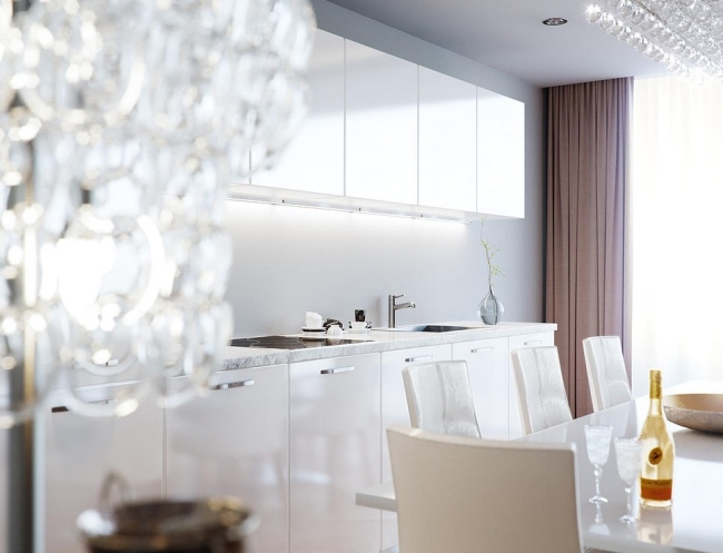 3D kuchynská biela vysokolesklá predná skrinka bez držadla jedálenský stôl krištáľ