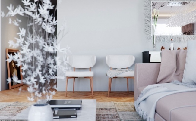 Nápady na zdobenie obývačky parkety-drevené stoličky-3D retro dotyk