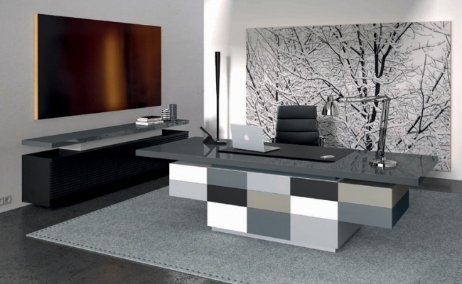 Kancelársky nábytok predný lesklý sivý a biely moderný kancelársky nábytok s vysokým leskom vpredu sivé nuansy