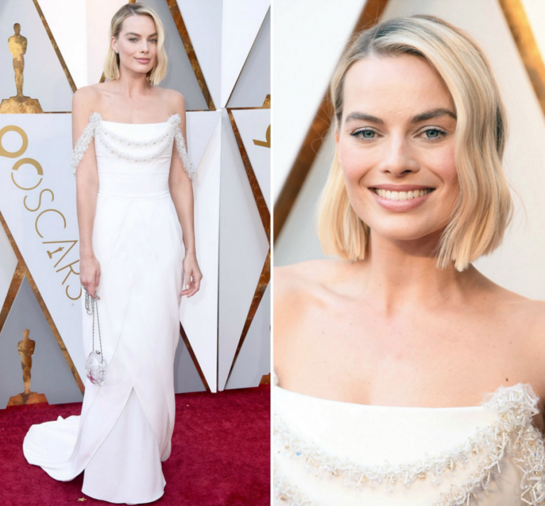 Margot Robbie Oscars 2018 biele šaty Chanel