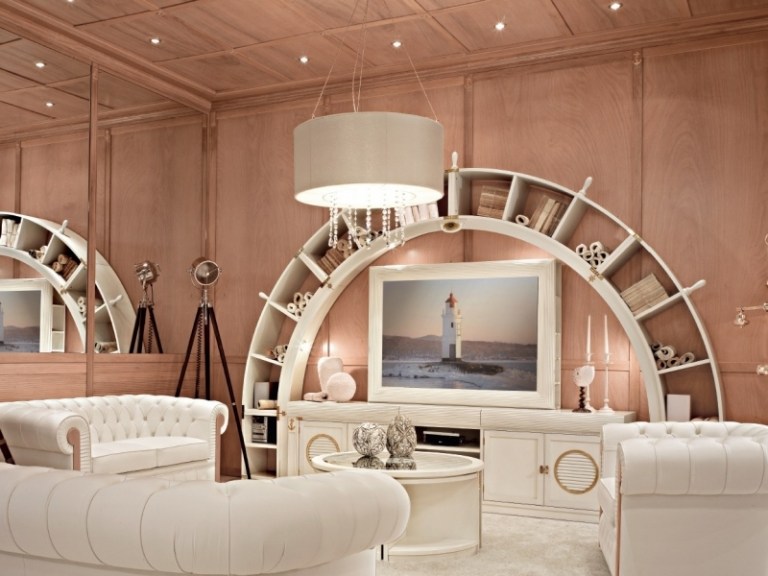 Obývacia izba zariadená bielym stredomorským nábytkom Námorný nábytok-médiá-stena-biela-nápady