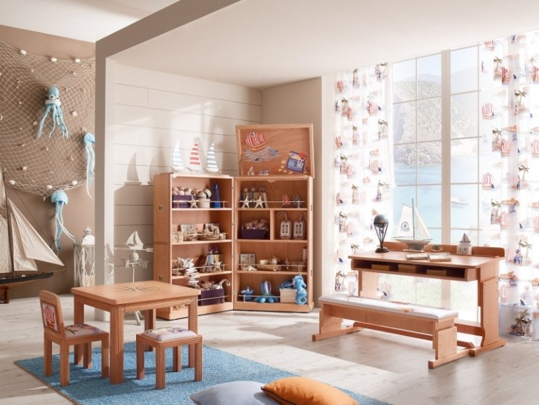 Živé nápady pre detskú izbu v námornom štýle Námorný nábytok-nástenné police-písací stôl-závesy