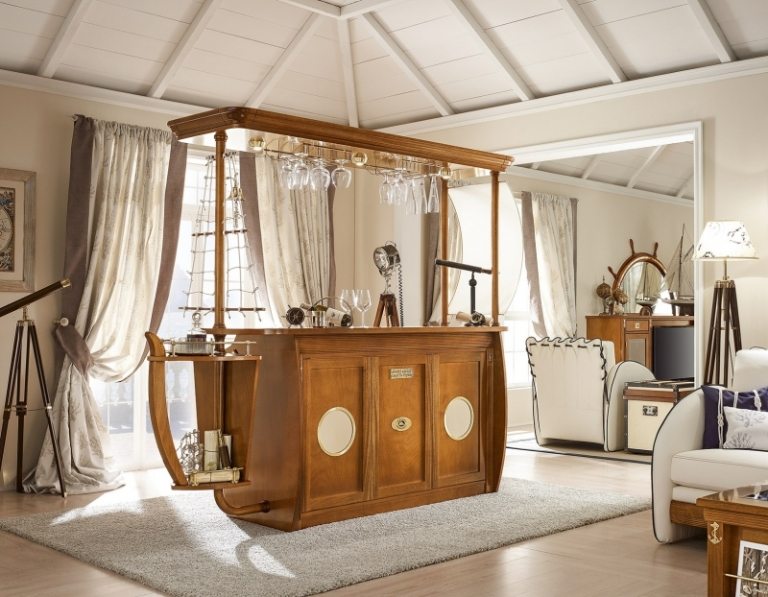 Minibar v tvare plachetnice Námorný nábytok-bar-drevo-nápady-nosný povrch