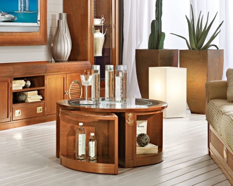 Okrúhly konferenčný stolík s povrchom na fľaše Námorný nábytok-okrúhly stôl-predĺžiteľný-sklenený tanier