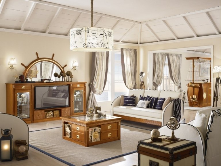 Námorný nábytok do obývačky - mediálna stena s kormidlom lode Vybavenie námorného nábytku-nápady-obývačka z masívu