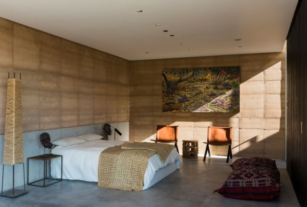 Moderné nápady spálne na stenu z prírodného kameňa Nápady na moderné zariadenie spálne etno chic