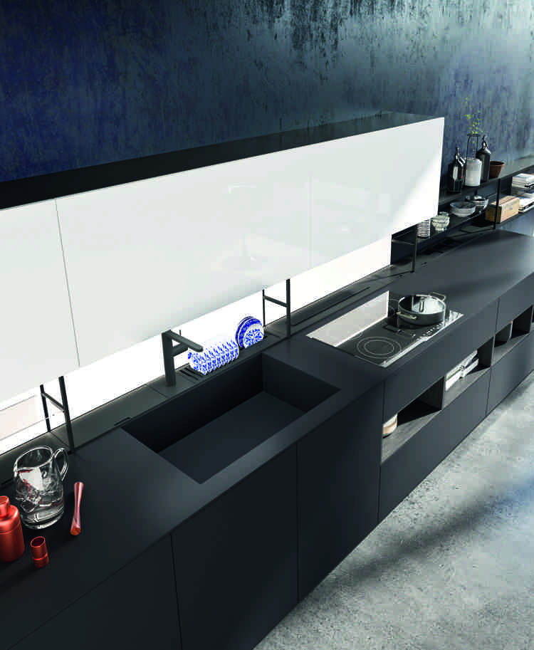 Matné kuchynské fronty - pracovná doska - čierna - vstavaný drez