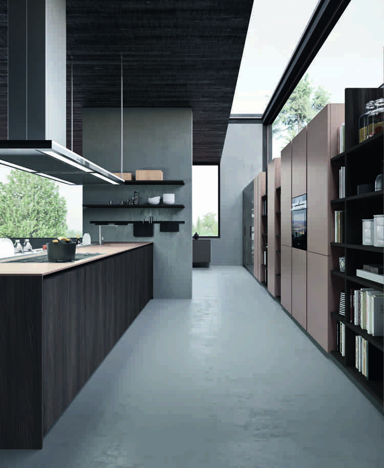 Matné kuchynské fronty, vzhľad wenge, ružová pracovná doska