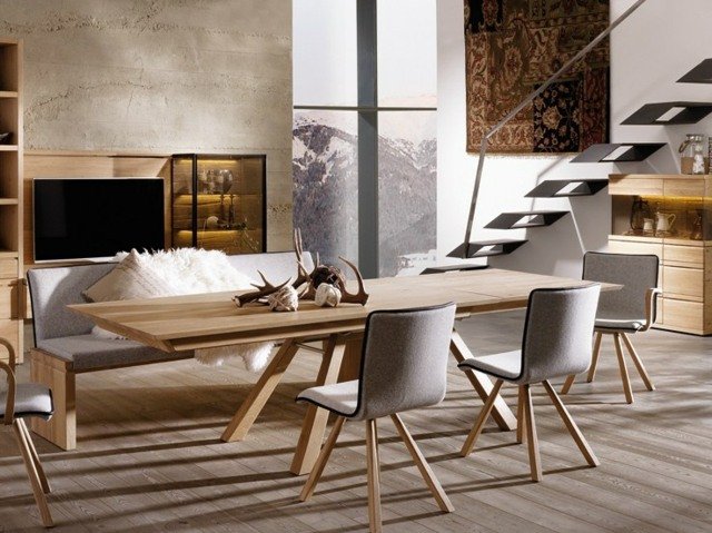 Obývacia izba jedáleň nastaviť nápady ľahké drevo Jedáleň zariadená nábytkom zo stola z masívneho dreva