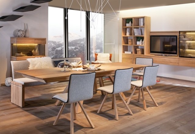 Štýlová jedáleň vybavená obývacou izbou a policovým systémom TV skrinky Obývacia izba TV skrinka policový systém stôl lavica