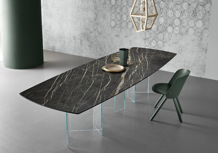 Stolová doska z mramoru so zlatým vláknom, rám z číreho skla