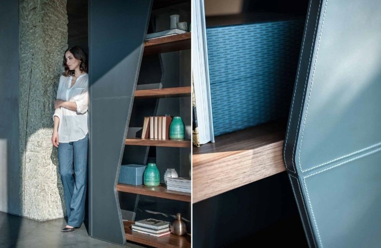 knižnica finesse dizajnový kus nábytku koža masívne drevo