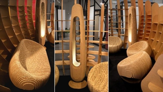 Dizajnový stoličkový stolík z kartónovej lampy