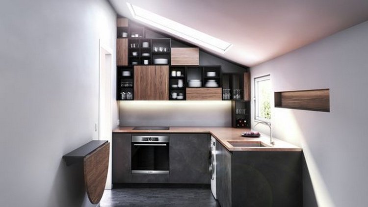 Kuchyňa pod šikmým stropom v antracitovej farbe a dreve s práčkou