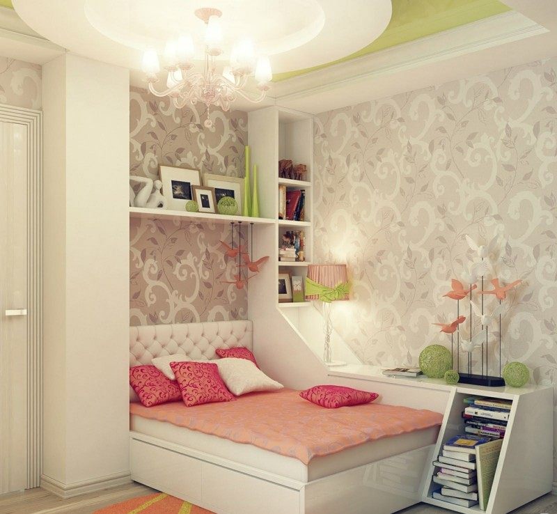 dievča miestnosť pre mládež broskyňová farba sivá tapeta romantická atmosféra